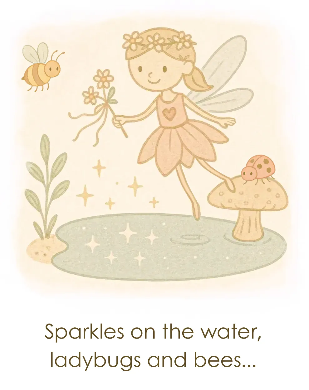 A fairy with a flower crown hovers over a pond beside a mushroom: "Sparkles on the water, ladybugs and bees..."