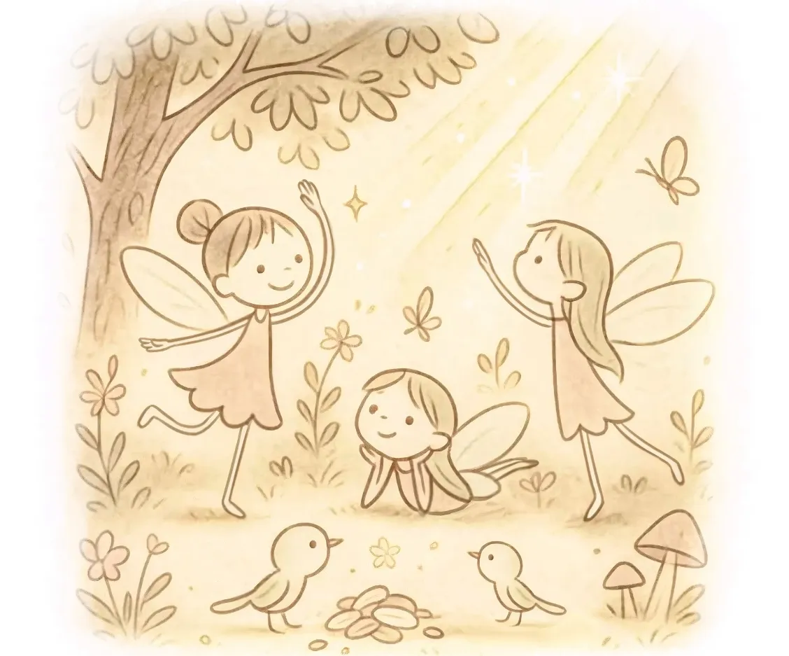 Three fairies dancing beneath a sunlit tree with birds and mushrooms